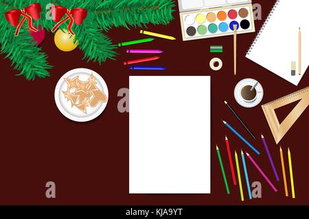 Blick von oben auf die hölzerne Schreibtisch mit Weihnachten Dekoration und Schulmaterial bereit für die Erstellung home Weihnachtsschmuck. Stock Vektor