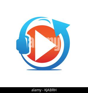 Medien Symbol mit Kopfhörer und Pfeil, spielen, spielen, Zeichen, AD-Wandler, spielen mit Kopfhörer und Pfeil, Icon Design, auf weißem Hintergrund. Stock Vektor