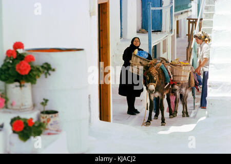 Mykonos Griechenland weiß getünchten Häusern und schmalen schattigen Straßen. Mit älteren Dame Entladen der Esel aus dem Markt. Stockfoto