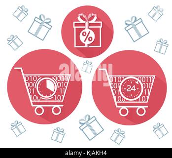 Symbole von Shopping Carts und Shopping, Geschenke in einem flachen Stil. Das Konzept Verkauf im Laden 24 Stunden Stock Vektor