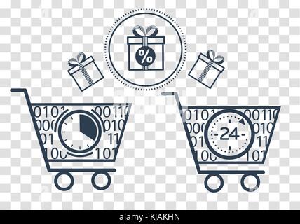 Symbole, Silhouette von Shopping Carts und Shopping, Geschenke in einer linearen Stil. Das Konzept Verkauf im Laden 24 Stunden Stock Vektor