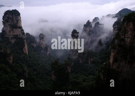 Wirbelnde Wolken über dem Gipfel des Zhangjiajie National Forest Park am Landschaftspark Wulingyuan gelegen malerischen Ort in der Provinz Hunan in China Stockfoto