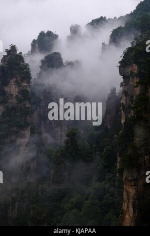 Wirbelnde Wolken über dem Gipfel des Zhangjiajie National Forest Park am Landschaftspark Wulingyuan gelegen malerischen Ort in der Provinz Hunan in China Stockfoto