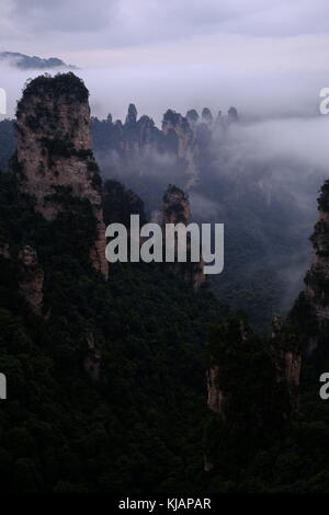 Wirbelnde Wolken über dem Gipfel des Zhangjiajie National Forest Park am Landschaftspark Wulingyuan gelegen malerischen Ort in der Provinz Hunan in China Stockfoto