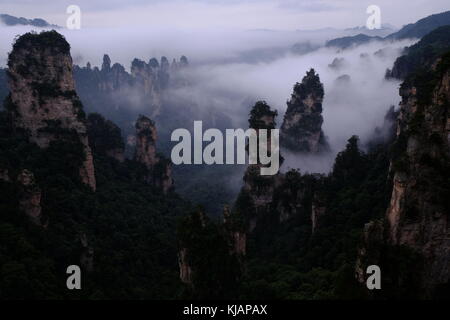 Wirbelnde Wolken über dem Gipfel des Zhangjiajie National Forest Park am Landschaftspark Wulingyuan gelegen malerischen Ort in der Provinz Hunan in China Stockfoto