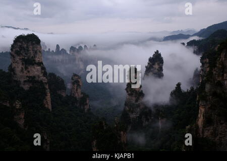 Wirbelnde Wolken über dem Gipfel des Zhangjiajie National Forest Park am Landschaftspark Wulingyuan gelegen malerischen Ort in der Provinz Hunan in China Stockfoto