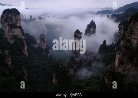 Wirbelnde Wolken über dem Gipfel des Zhangjiajie National Forest Park am Landschaftspark Wulingyuan gelegen malerischen Ort in der Provinz Hunan in China Stockfoto