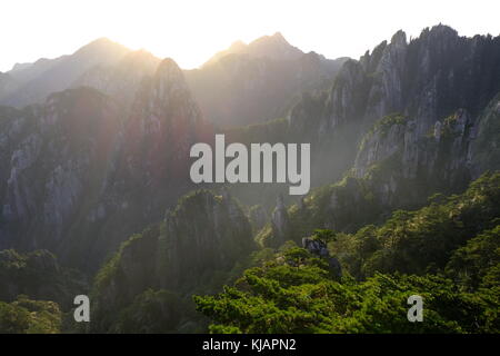 Sonnenaufgang über der zerklüfteten Bergrücken von huangshan Berg aus der Lion Peak. China, Provinz Anhui. Stockfoto