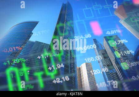 Wirtschaft, Unternehmen, finanziellen Hintergrund. Wirtschaft Konzept Collage, Bürogebäuden und Wolkenkratzer im Hintergrund, Börse Charts und Daten. Stockfoto