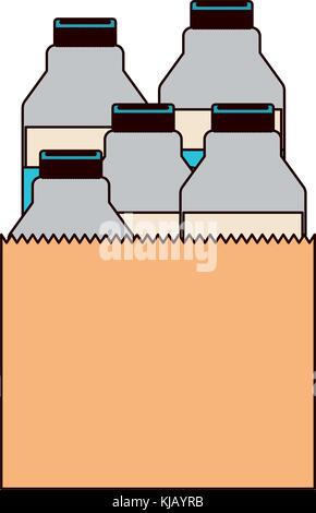 Paper Bag mit Milchflaschen in bunten Silhouette mit dünnen schwarzen Kontur Stock Vektor