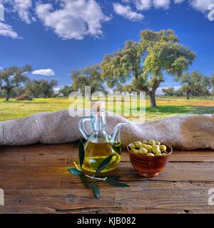 Olivenöl auf eine Tabelle in den Olivenhain. Stockfoto