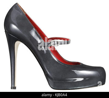 Grau stiletto Damen Mode Lackleder Schuh mit schmalen Riemen auf Weiß in Nahaufnahme Seitenansicht isoliert Stockfoto