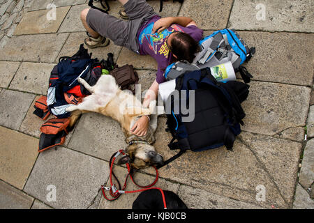 Mann und seinem Hund liegen erschöpft auf dem Platz gegenüber der Catedral de Santiago de Compostela. Es ist, als der Höhepunkt des Camino de Santiago p bekannt Stockfoto