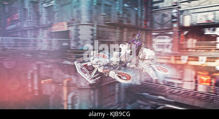 Roboter fliegen Fahrzeug in futuristischen Stadt Stockfoto