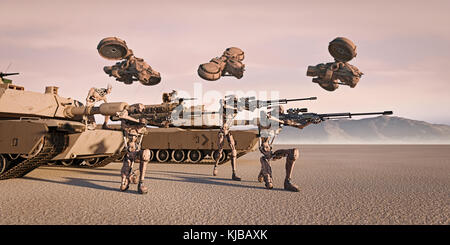 Futuristischen Soldaten und Panzer in der Wüste Stockfoto