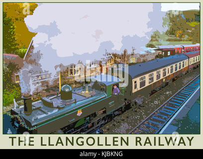 Ein Poster style Interpretation der Llangollen Railway an Carrog Bahnhof von Llangollen, North Wales, UK Stockfoto