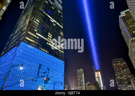 New York, New York - September 11, 2015: 11. September Tribute in Light in New York City. Stockfoto