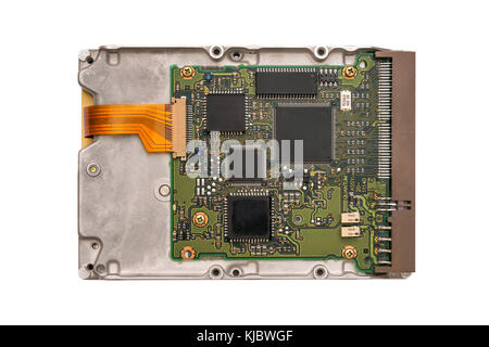 Hdd auf weißem Hintergrund. zurück Seite der Festplatte. Computerchips. Innerhalb der internen Festplatte. Stockfoto