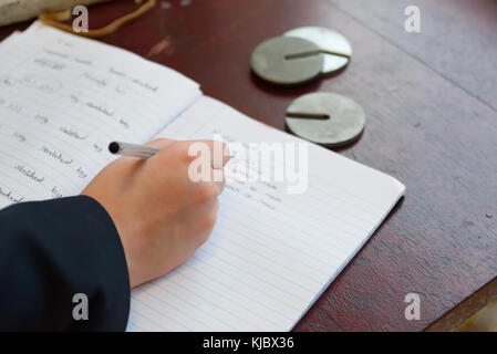 Schule Wissenschaft Kategorie mit der Aufnahme der Schüler Ergebnisse im Notebook Gewichte Massen für die hooke Gesetz experiment Stockfoto