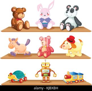 Darstellung der Fachböden aus Holz mit verschiedenen Spielzeugen auf weißem Hintergrund Stock Vektor