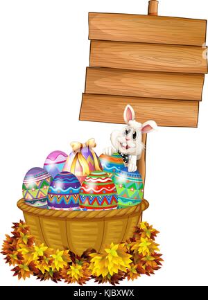 Abbildung: ein Hase und ein Korb mit Eiern in der Nähe einer Beschilderung auf weißem Hintergrund Stock Vektor