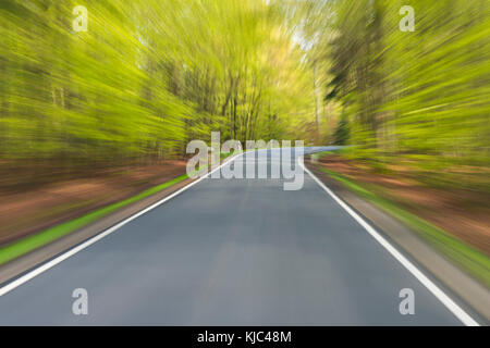 Auf asphaltierter Straße durch den Quellwald bei Amorbach im Odenwald, in Unterfranken, Bayern, Deutschland Stockfoto