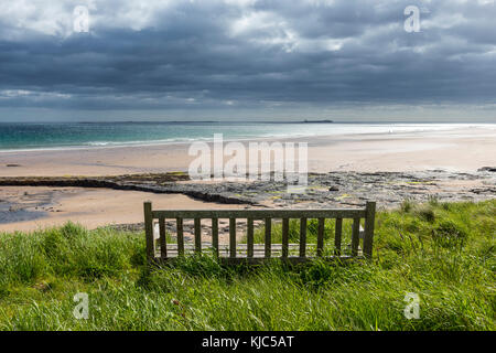 Holzbank auf der Dünenheide mit Blick auf den Strand und die Nordsee in Bamburgh in Northumberland, England, Großbritannien Stockfoto