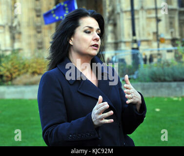 London, UK, 22.11.2017, Caroline Louise Flint zu den Medien auf College Green, über den Haushalt spricht. Stockfoto