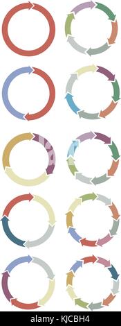 Infografik Beispiele für kreisförmige Pfeile, farbige Streifen. Kreis, der durch mehrere Pfeile gebildet wird Stock Vektor