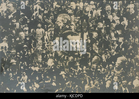 Dieses Foto zeigt Präsident Franklin D. Roosevelt, der mehrere Bilder von ihm zu einer umfassenden visuellen Darstellung zusammenfügt. Es fängt seine Führung in den 1930er und 1940er Jahren ein, eine Zeit, die von der Weltwirtschaftskrise und dem Zweiten Weltkrieg geprägt war Stockfoto