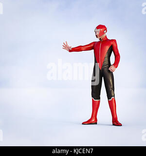 Mann mit Superhelden Kostüme Gestik stoppen Stockfoto