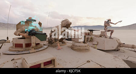 Soldaten und Roboter auf Tank virtual reality Schutzbrille tragen Stockfoto