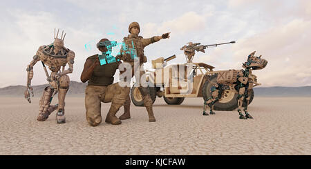 Futuristischen Soldaten und Roboter Hund in der Wüste Stockfoto