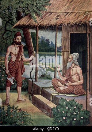 Dieses Kunstwerk oder diese Szene zeigt den mythologischen Moment, in dem Jamadagni Parasuram von Kartyaveerarjun erzählt, zwei Figuren aus der hinduistischen Mythologie. Die Erzählung stellt ein Schlüsselereignis in der Geschichte dar und betont die Weitergabe von Wissen und Traditionen zwischen den Charakteren. Stockfoto