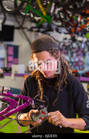 Mann Reparatur Fahrrad im shop Stockfoto