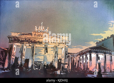 Aquarell von Brandenburger Tor bei Sonnenuntergang in der Stadt Berlin - Deutschland, Europa Stockfoto