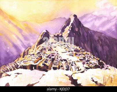 Bildende Kunst Aquarell Ansicht von Hütte des Hausmeisters des zerstörten Inka-Stadt Machu Picchu-Sacred Valley, Peru Stockfoto