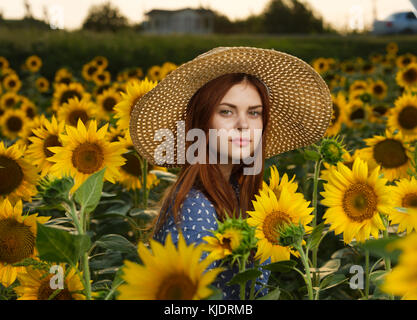 Ernsthafte kaukasische Frau mit Hut im Feld mit Sonnenblumen Stockfoto