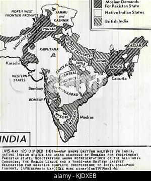1946 Karte von Britisch Indien mit Bereichen für separate Pakistan Muslim League gefordert Stockfoto
