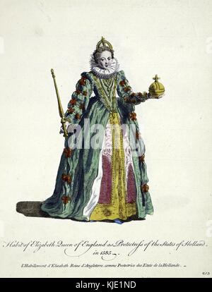 Handcolorierte graviert Portrait von Königin Elizabeth von England, mit dem Titel 'Gewohnheit der Königin Elisabeth von England als protectoress der Staaten von Holland, L'Schreibwaren d'Elisabeth reine d'Angleterre comme protectrice des Etats del la Hollande', dargestellt mit einem Zepter und Globus cruciger, trug den verzierten Kleid bestreut mit Blumen und einem weiten gefältelten Kragen, 1764. Von der New York Public Library. Stockfoto