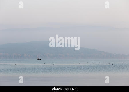 Ein Mann auf einem kleinen Boot auf einem See, mit vielen Vögel auf dem Wasser Stockfoto