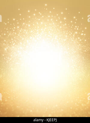 Glitzer und Sterne explodieren auf einem glänzenden goldenen Hintergrund - festliches Material Stockfoto