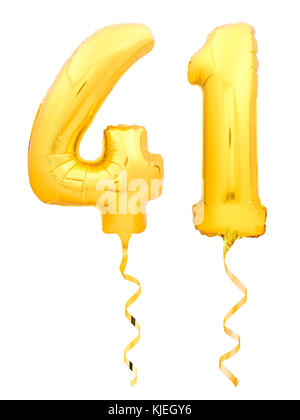 Goldene Zahl 41 41 Aus aufblasbaren Ballon mit Band auf Weiß Stockfoto
