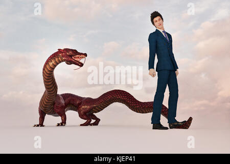 Unternehmer stehen auf den Schwanz des Drachen Stockfoto