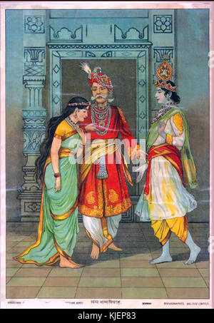 Dieses Bild zeigt die traditionelle Hochzeitszeremonie von Satyabhama, einer Figur aus der indischen Mythologie, die die kulturellen Praktiken und Rituale zeigt, die bei solchen Hochzeiten innerhalb indischer Traditionen auftreten. Stockfoto