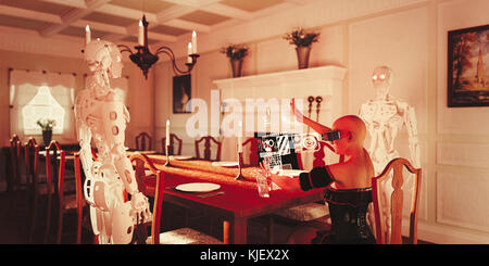 Roboter ansehen Frau am Esstisch mit Virtual reality Brillen Stockfoto