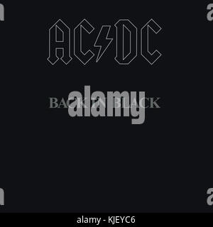 Das Album-Cover von AC/DC's „Back in Black“ stellt einen Meilenstein in der Rockmusik dar und verfügt über ein markantes Design, das den kraftvollen Sound und die kulturelle Wirkung der Band ergänzt. Stockfoto