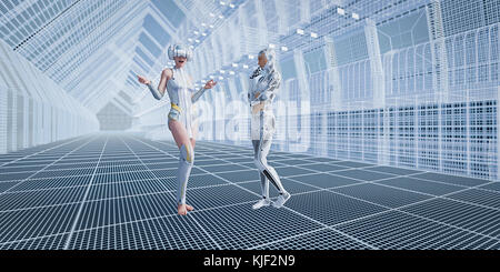Roboter mit Frau mit Virtual reality Brillen in futuristische Korridor Stockfoto