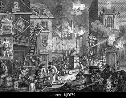 Gravur auf Papier mit dem Titel "The Times, Plate 1", die ein Feuer in den Gebäuden im Hintergrund darstellt, ein Feuerwehrauto besetzt den Mittelpunkt der Szene, über dem Motor fliegt eine Taube des Friedens, im Vordergrund rechts die Flüchtlinge, die vor dem Europäischen Krieg geflohen sind. ein Mann spielt seine Geige, ein niederländischer Kaufmann raucht glücklich seine Pfeife in der unteren linken Ecke, von William Hogarth, 1762. Aus der New York Public Library. Stockfoto