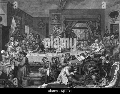 Gravur auf Papier, betitelt 'die Humors einer Wahl, Platte 1, eine Wahlunterhaltung', zeigt ein von den Whig-Kandidaten organisiertes Tavernenessen, während die Tories draußen protestieren, große Gruppe von Menschen essen und trinken, von William Hogarth, 1755. Aus der New York Public Library.